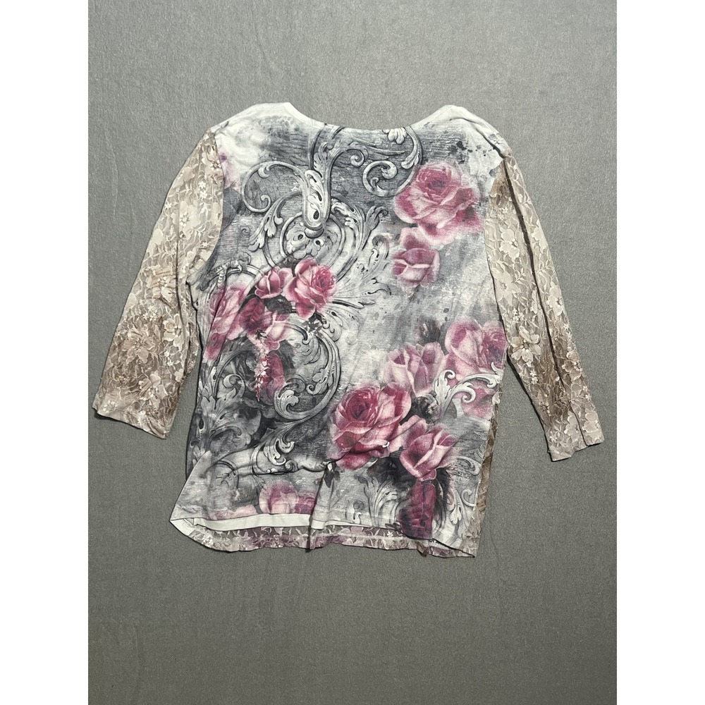 CJ Banks Women's XL Lace Overlay Floral Rhinestone 3/4 Sleeve Top Blouse Grey - Picture 6 of 6